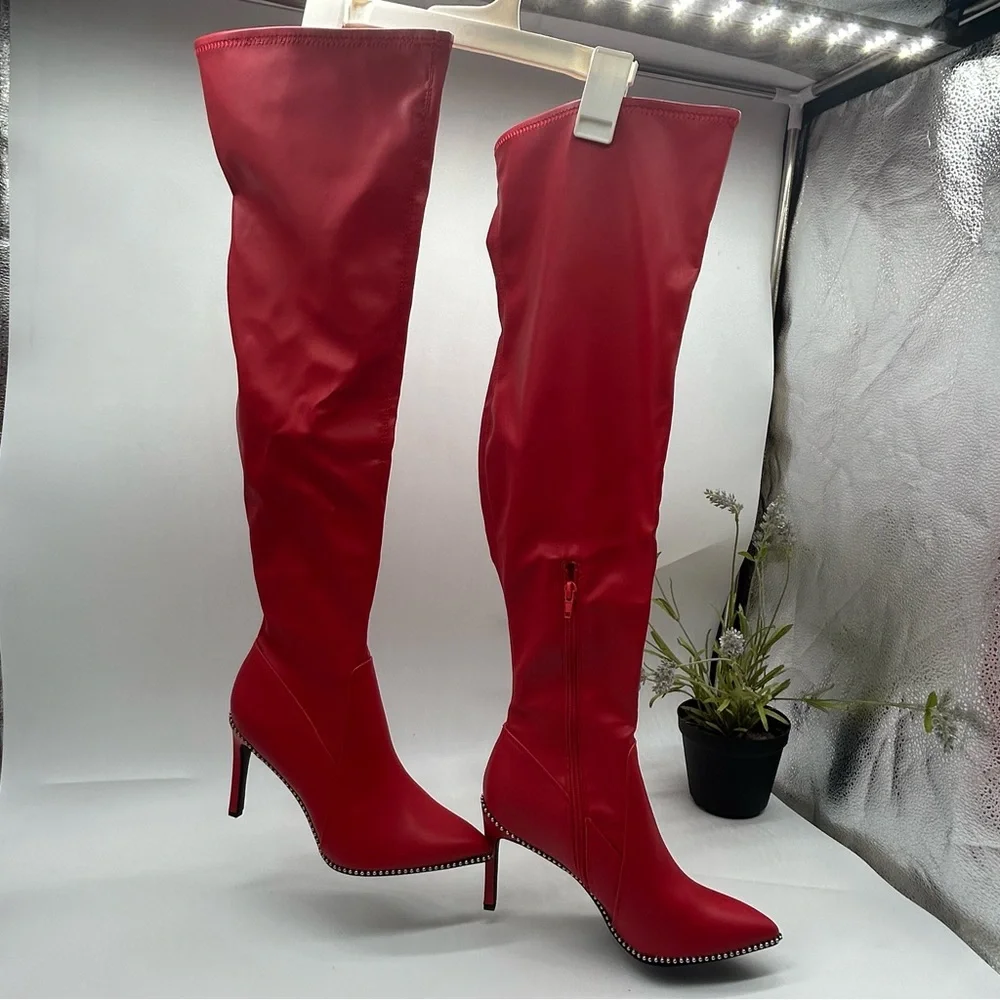 BAR III Milliee Over-The-Knee pointed toe faux leather red Boots size 7.5M NEW